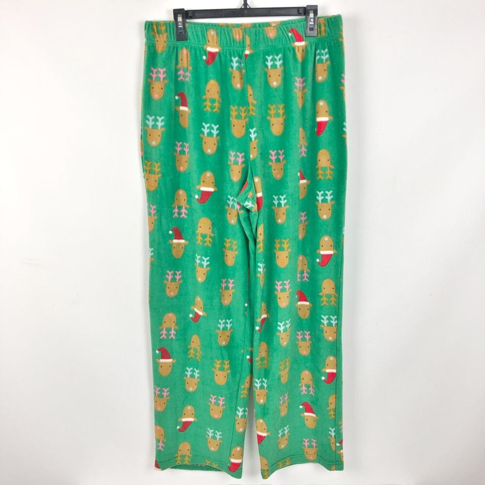 Abound Womens Pajama Pants Large Green Stretch Reindeer Fleece High Rise NWOT